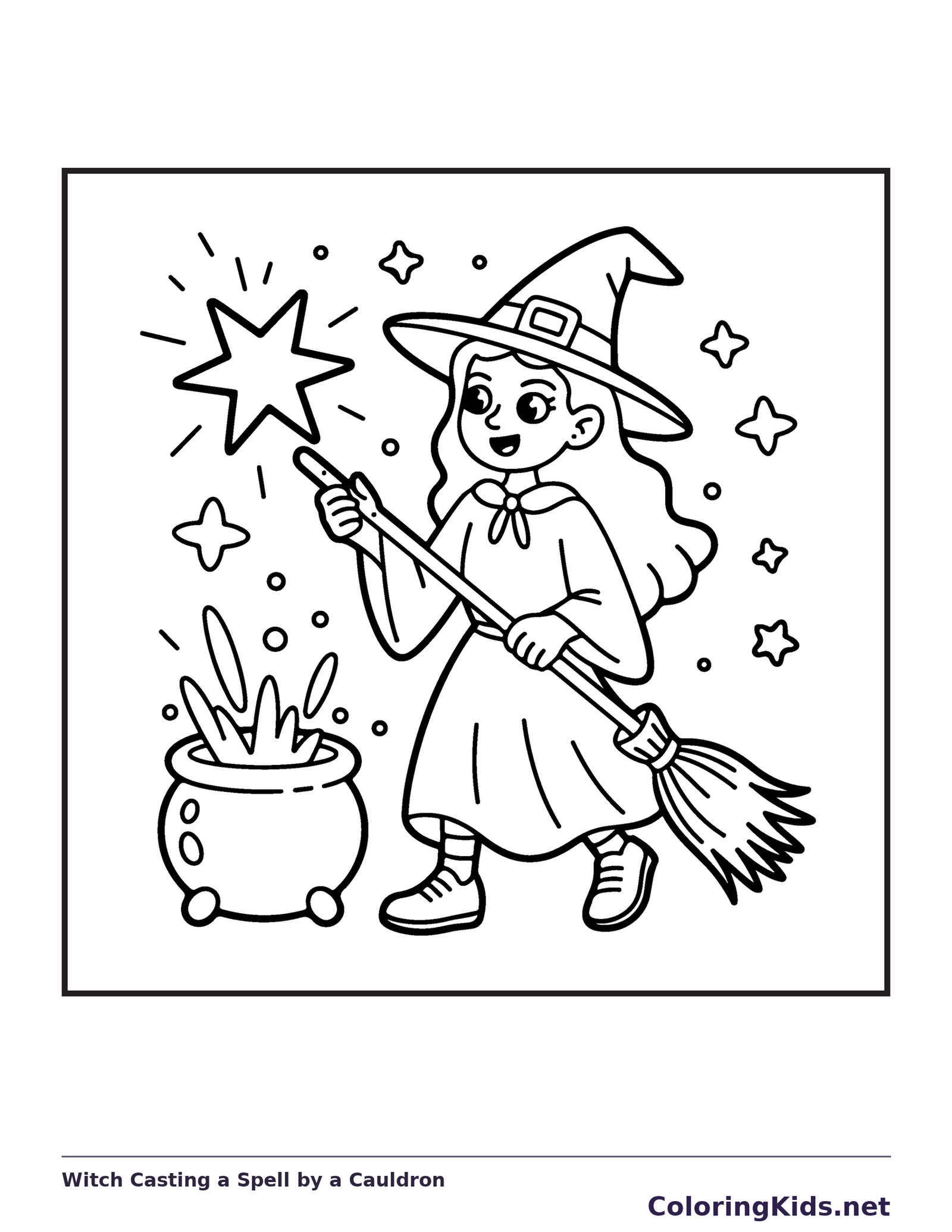 Witch Casting a Spell by a Cauldron coloring page, black and white printable line art