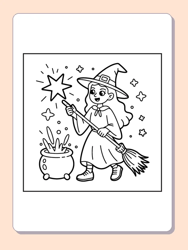 Witch Casting a Spell by a Cauldron coloring page, black and white printable line art