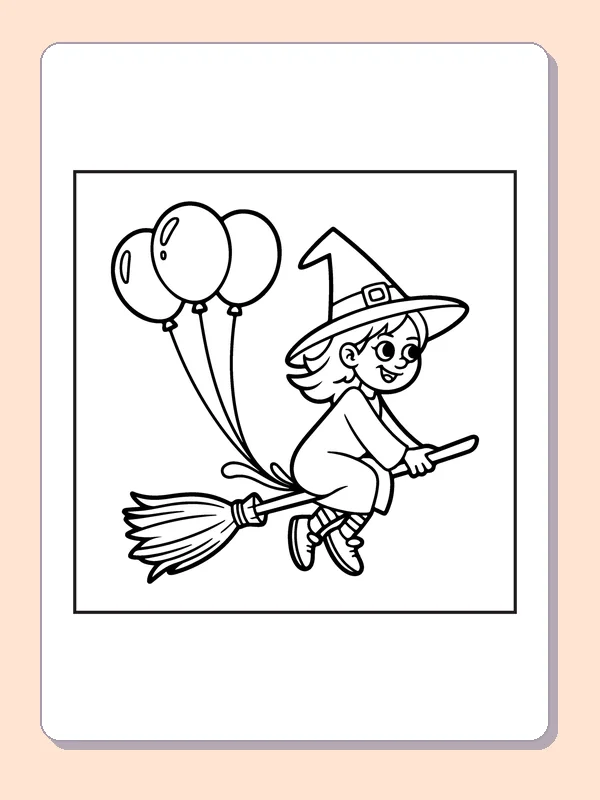 Witch Flying with Balloons coloring page, black and white printable line art