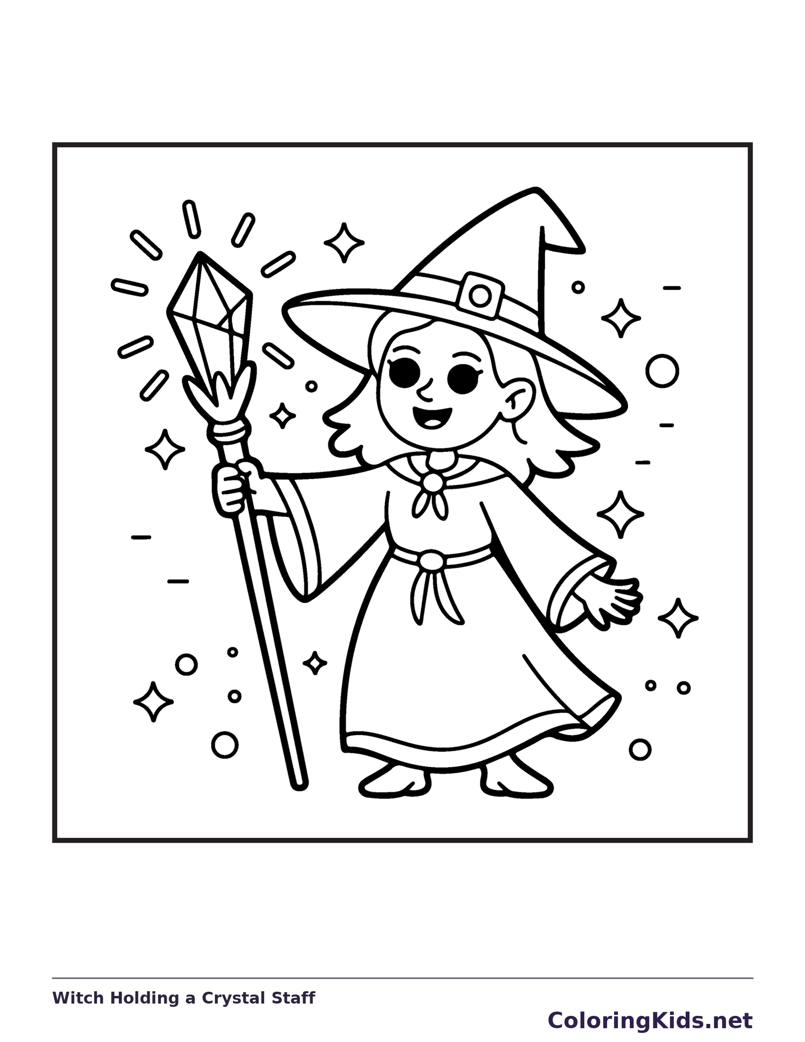 Witch Holding a Crystal Staff coloring page, black and white printable line art