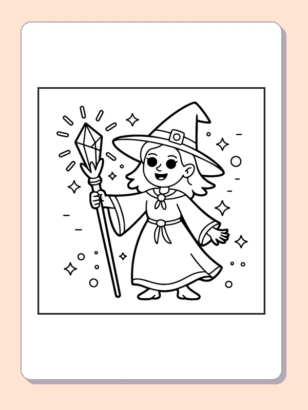Witch Holding a Crystal Staff coloring page, black and white printable line art