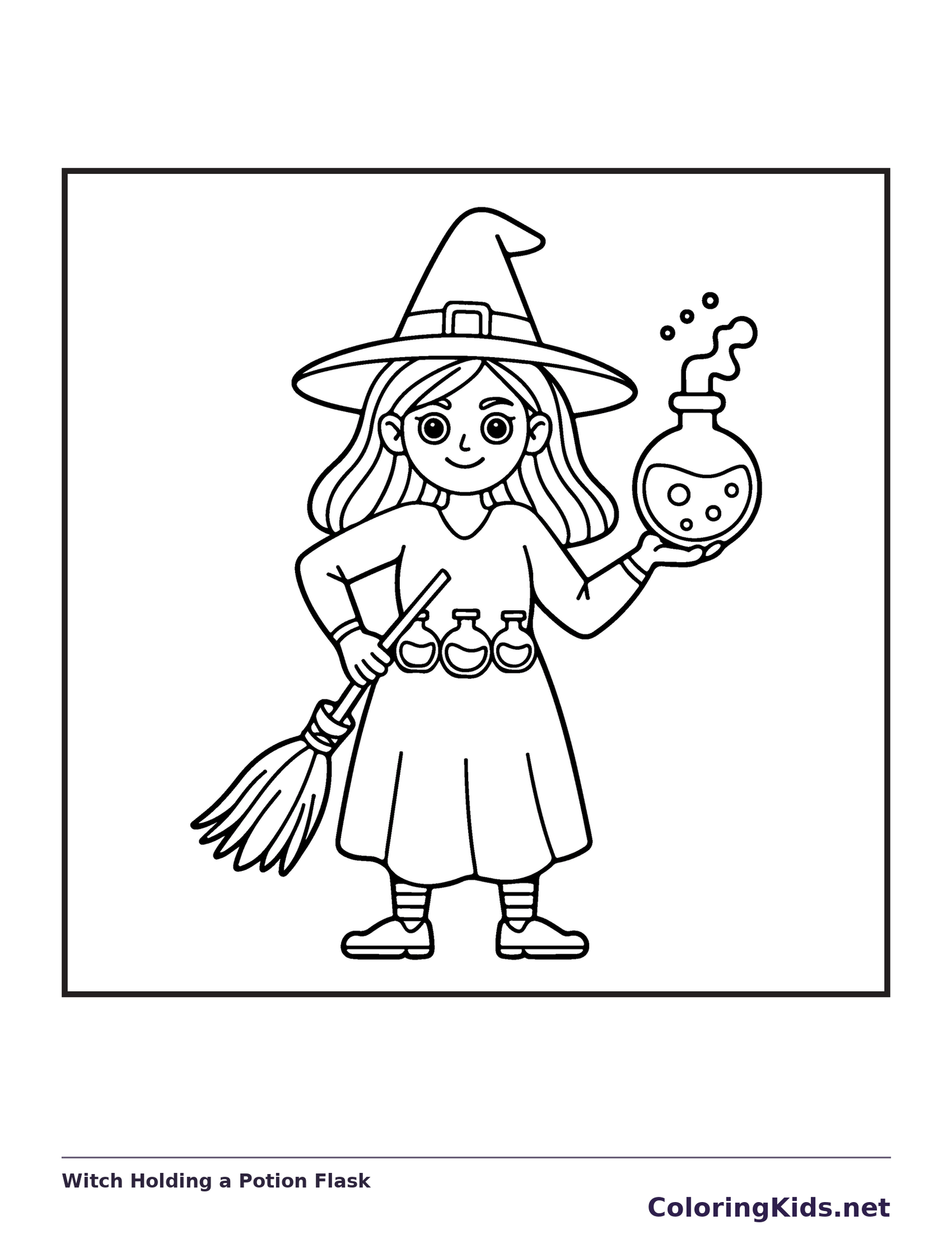 Witch Holding a Potion Flask coloring page, black and white printable line art