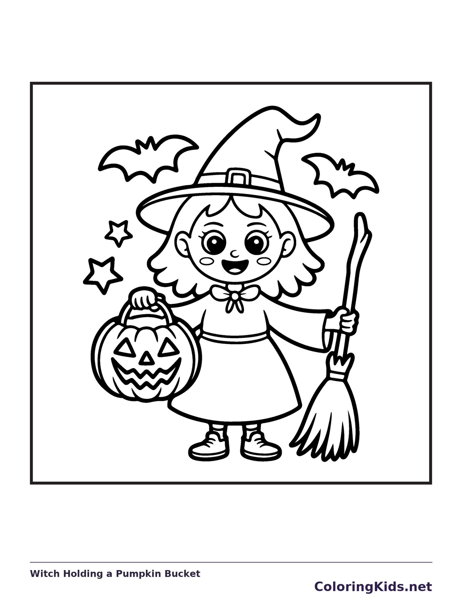 Witch Holding a Pumpkin Bucket coloring page, black and white printable line art