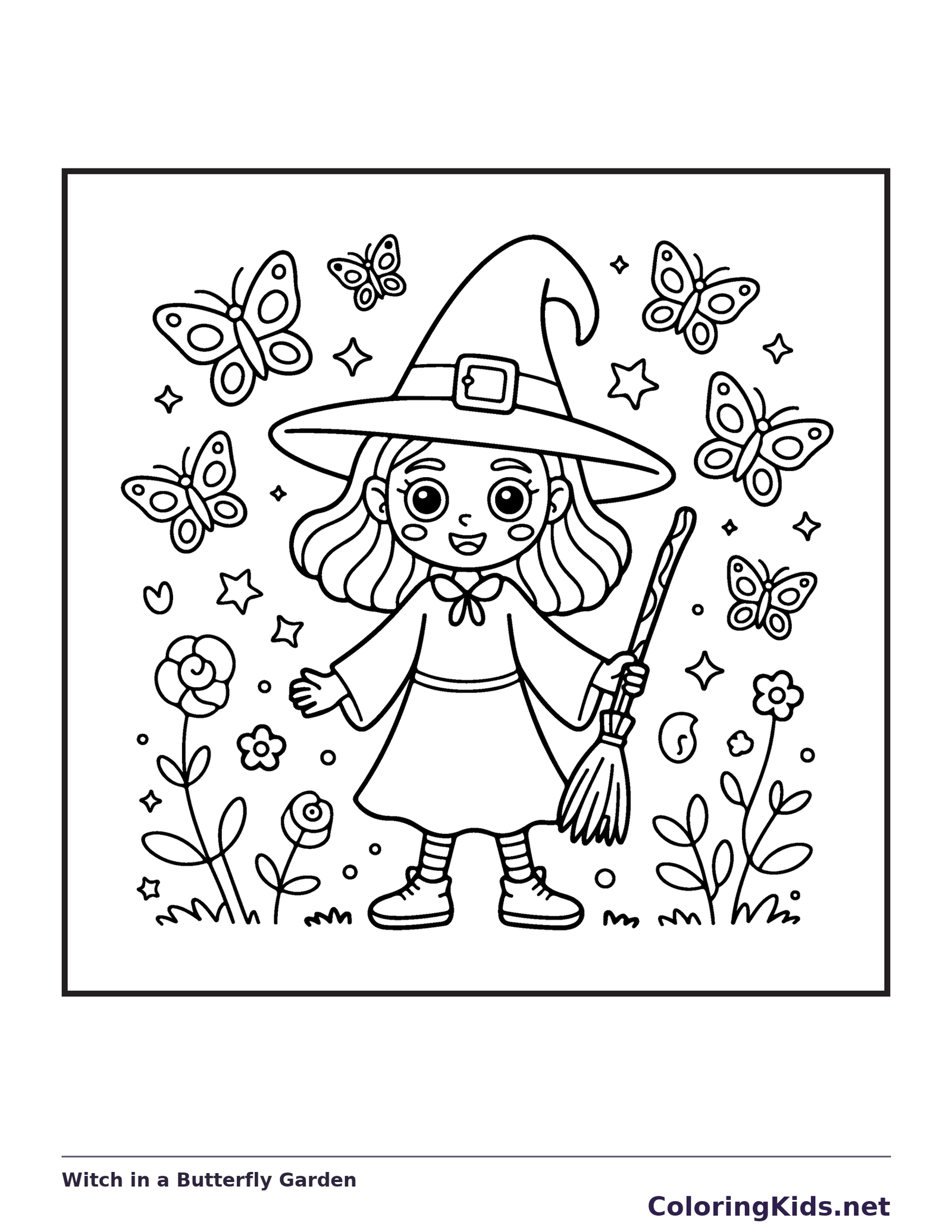 Witch in a Butterfly Garden coloring page, black and white printable line art