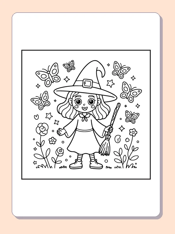 Witch in a Butterfly Garden coloring page, black and white printable line art