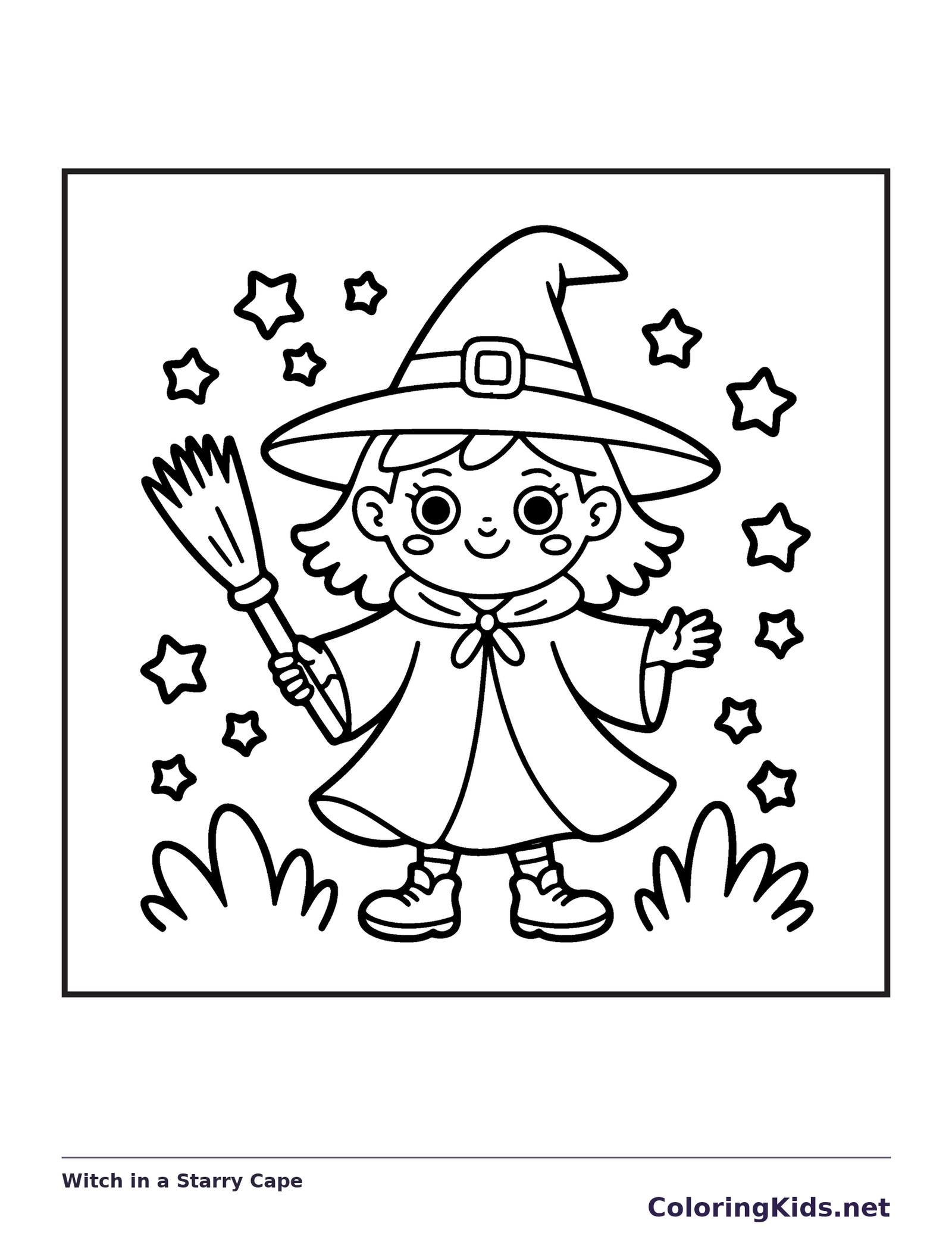 Witch in a Starry Cape coloring page, black and white printable line art