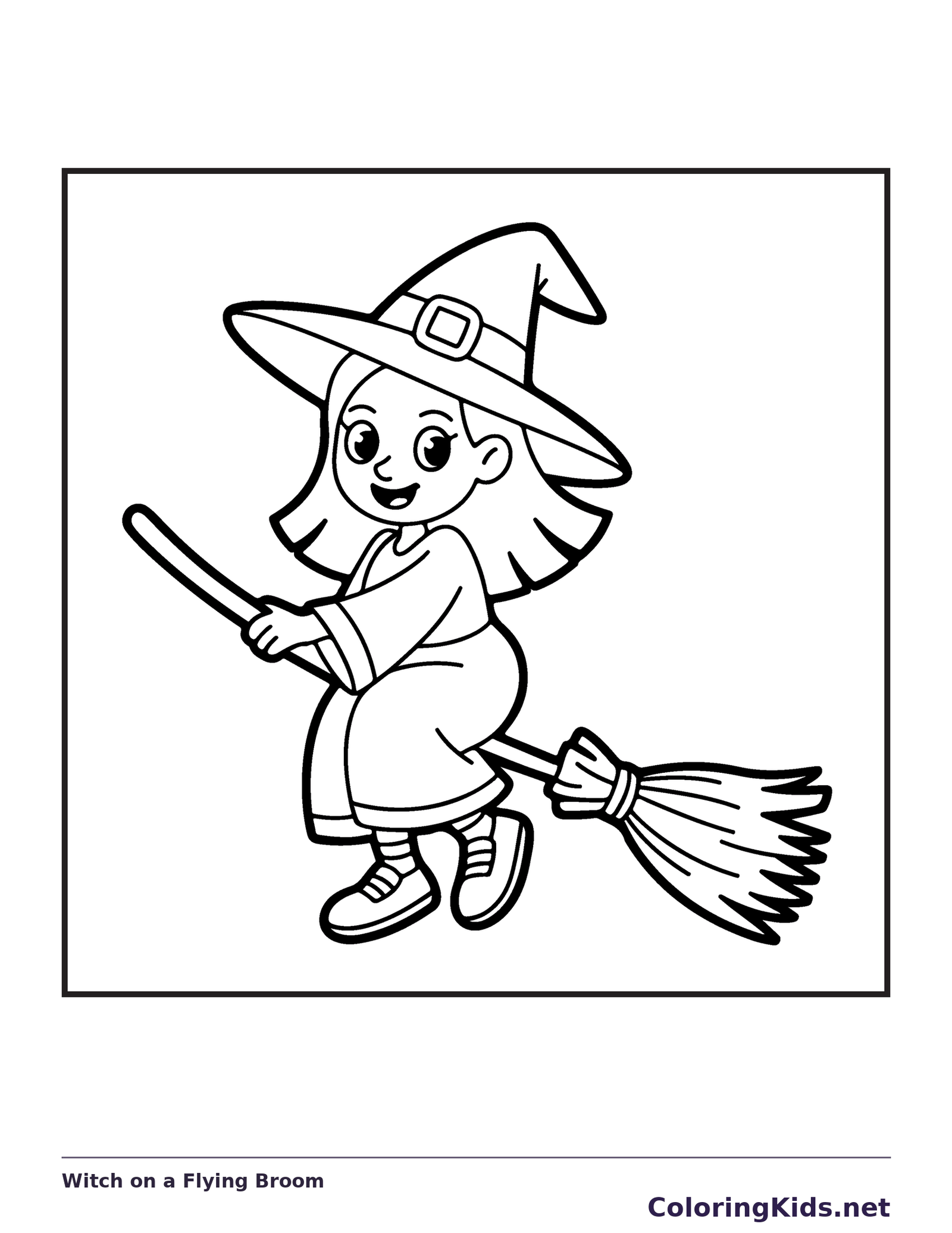 Witch on a Flying Broom coloring page, black and white printable line art