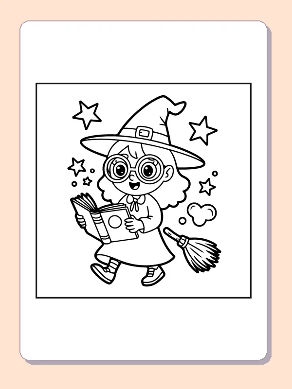 Witch Reading a Spell Book coloring page, black and white printable line art