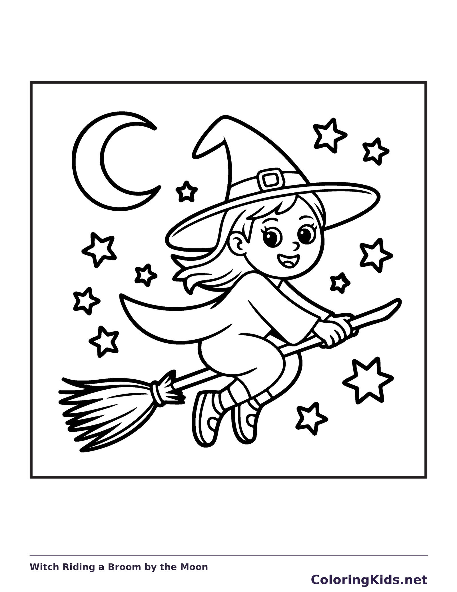 Witch Riding a Broom by the Moon coloring page, black and white printable line art