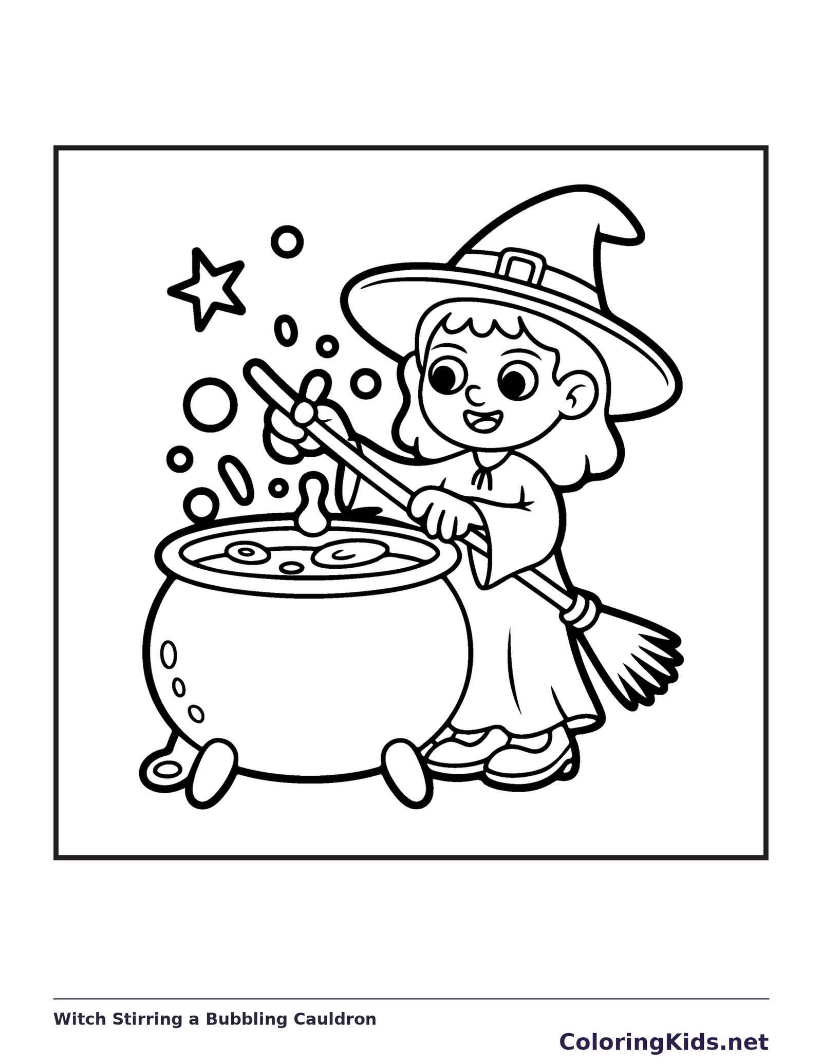 Witch Stirring a Bubbling Cauldron coloring page, black and white printable line art