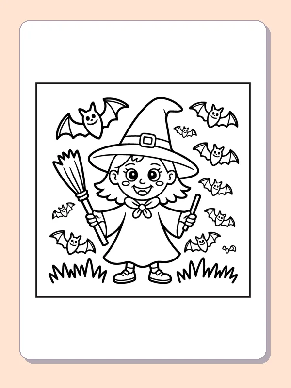 Witch Surrounded by Bats coloring page, black and white printable line art