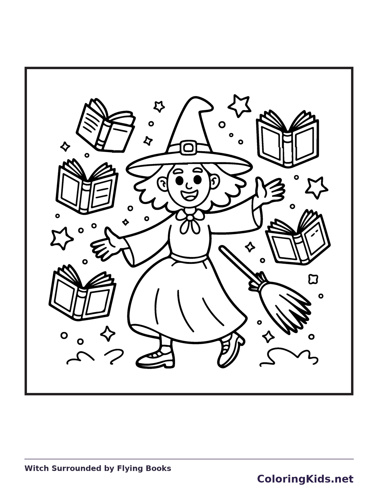 Witch Surrounded by Flying Books coloring page, black and white printable line art