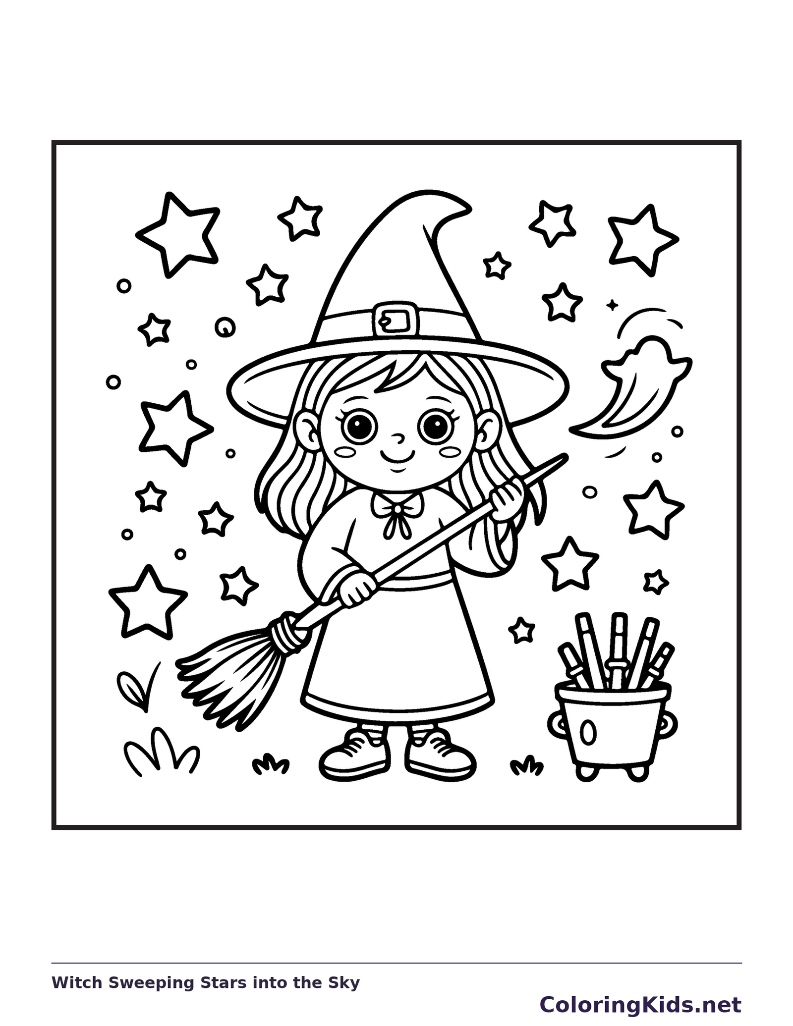 Witch Sweeping Stars into the Sky coloring page, black and white printable line art