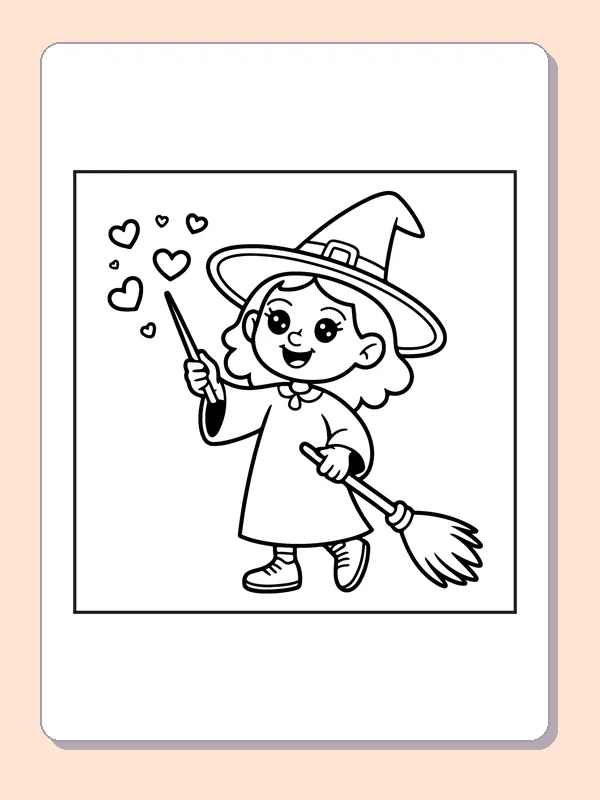 Witch Waving a Heart Wand coloring page, black and white printable line art
