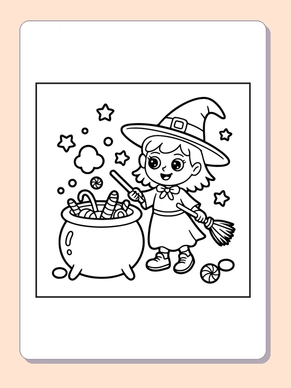 Witch with a Candy-Filled Cauldron coloring page, black and white printable line art