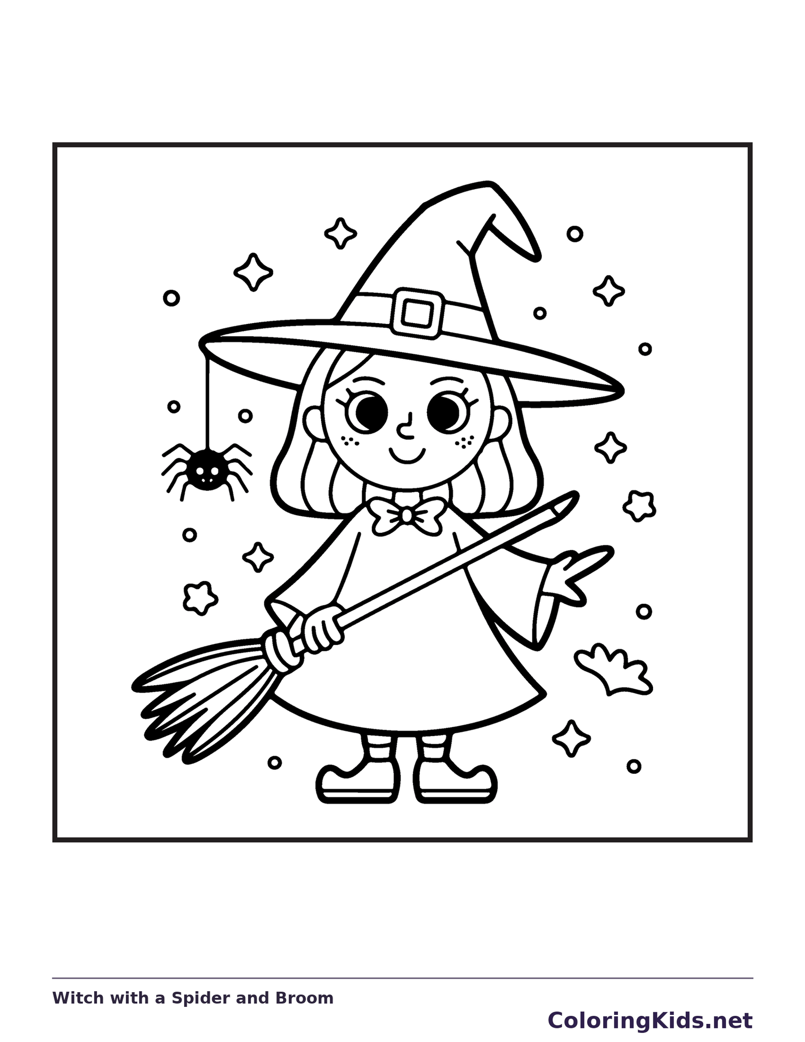 Witch with a Spider and Broom coloring page, black and white printable line art