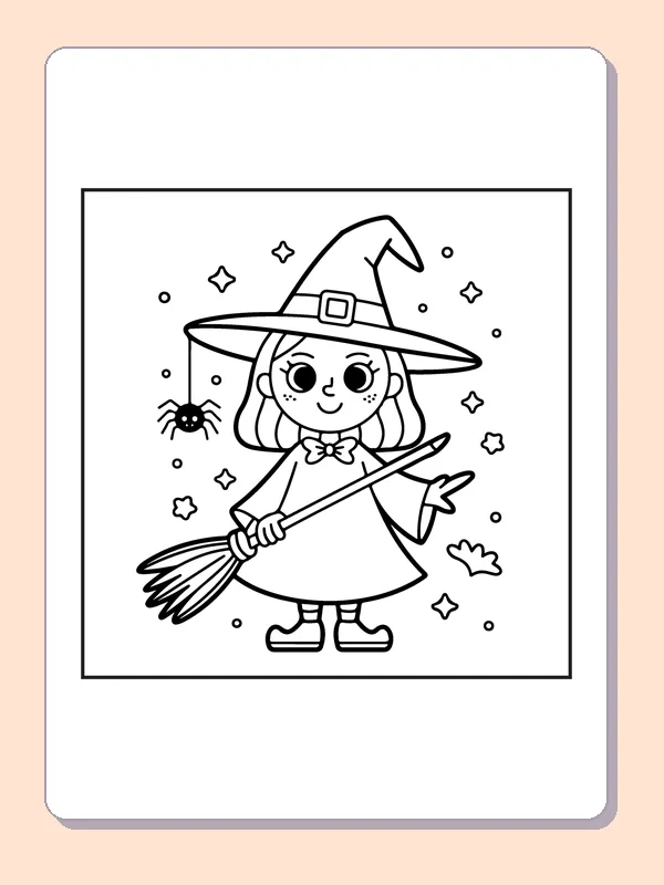 Witch with a Spider and Broom coloring page, black and white printable line art
