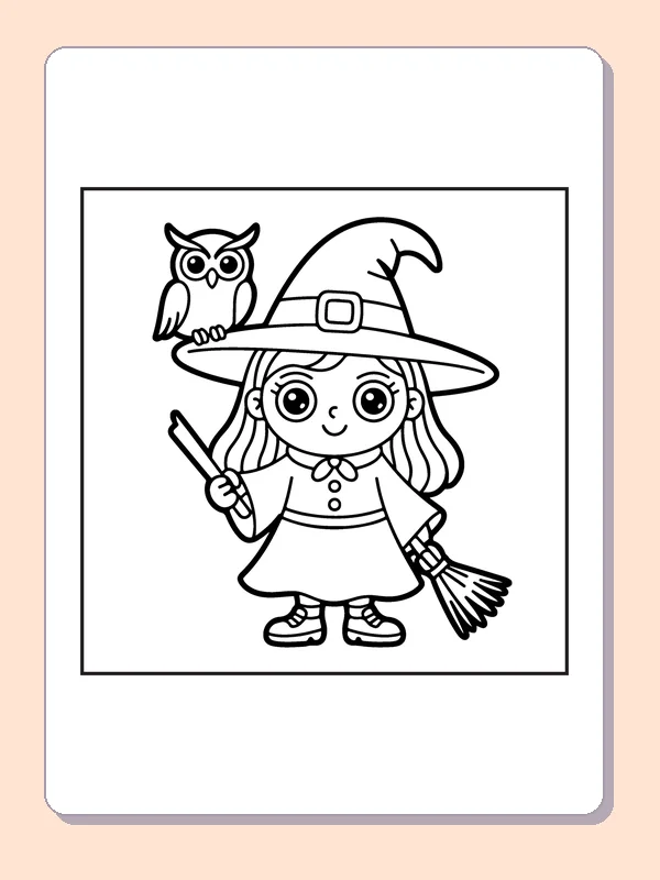 Witch with an Owl on Her Hat coloring page, black and white printable line art