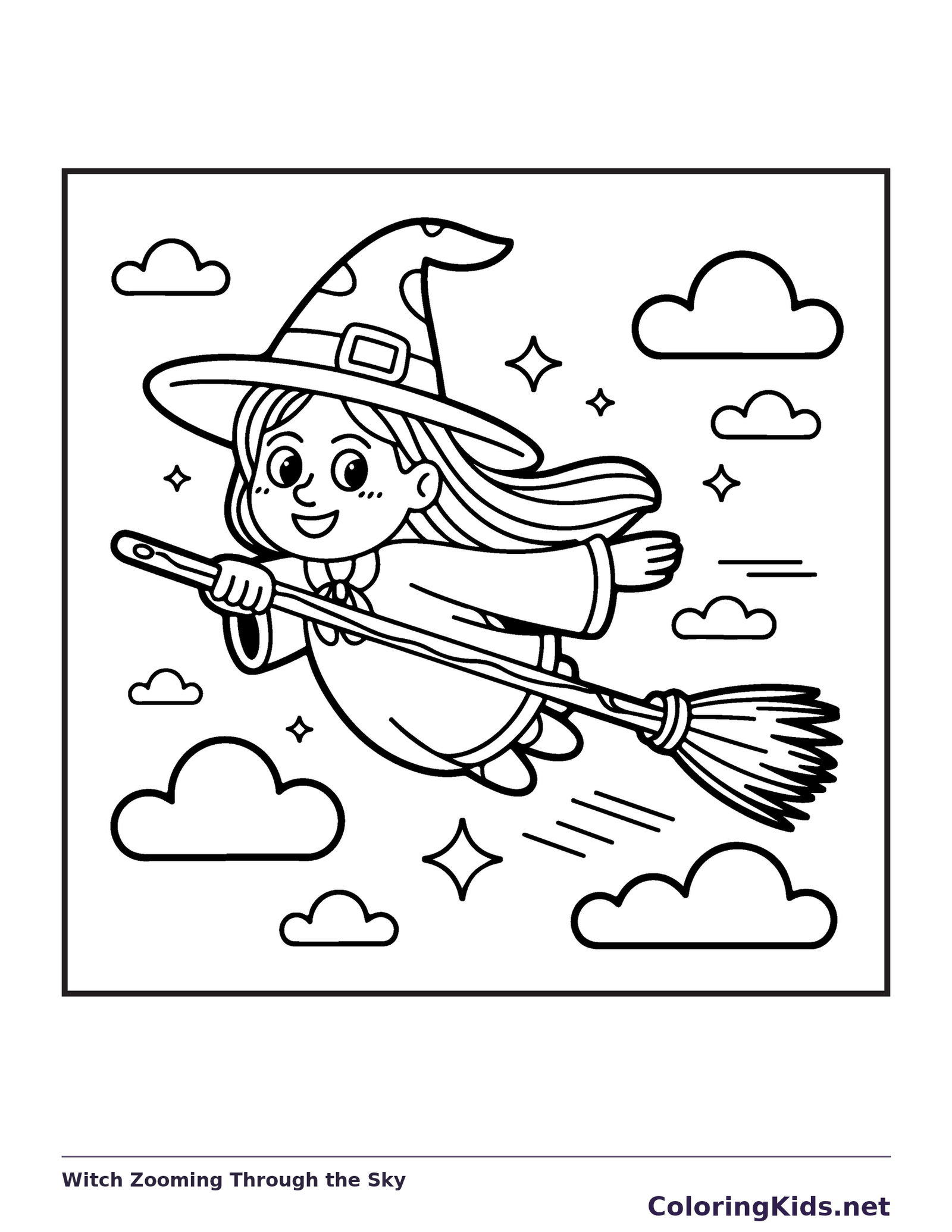 Witch Zooming Through the Sky coloring page, black and white printable line art