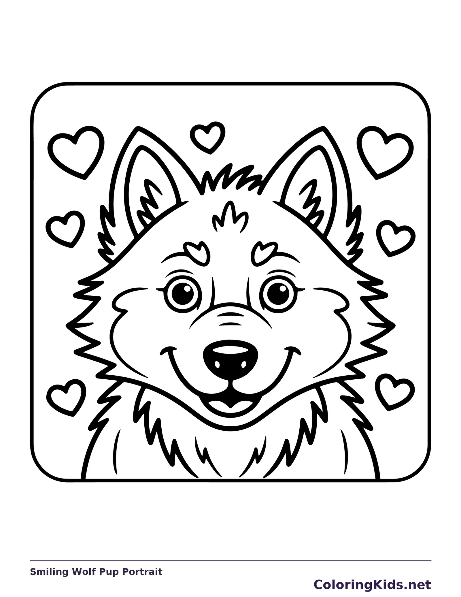 Black and white printable drawing of smiling wolf pup portrait
