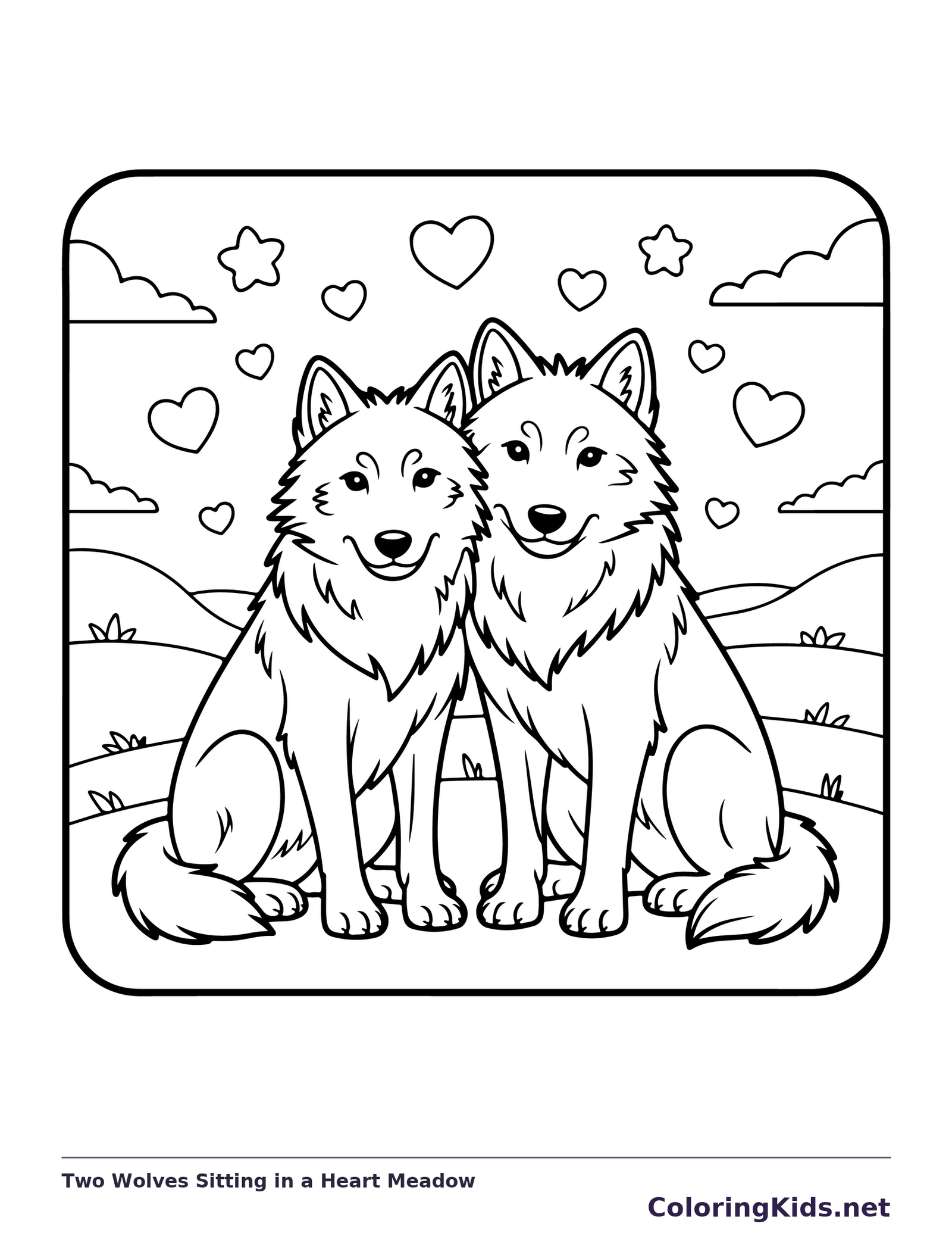 Black and white printable drawing of two wolves sitting in a heart meadow