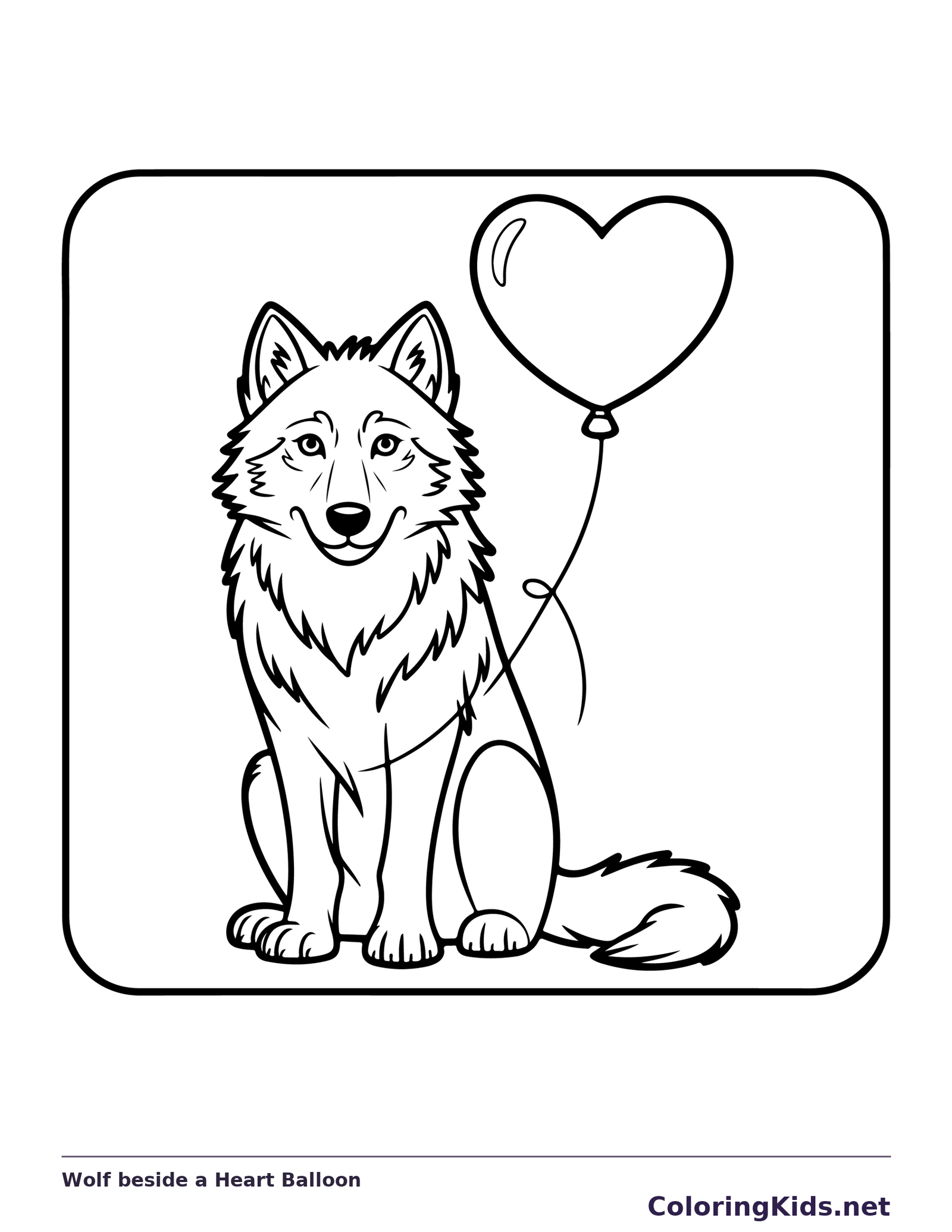 Black and white printable drawing of wolf beside a heart balloon