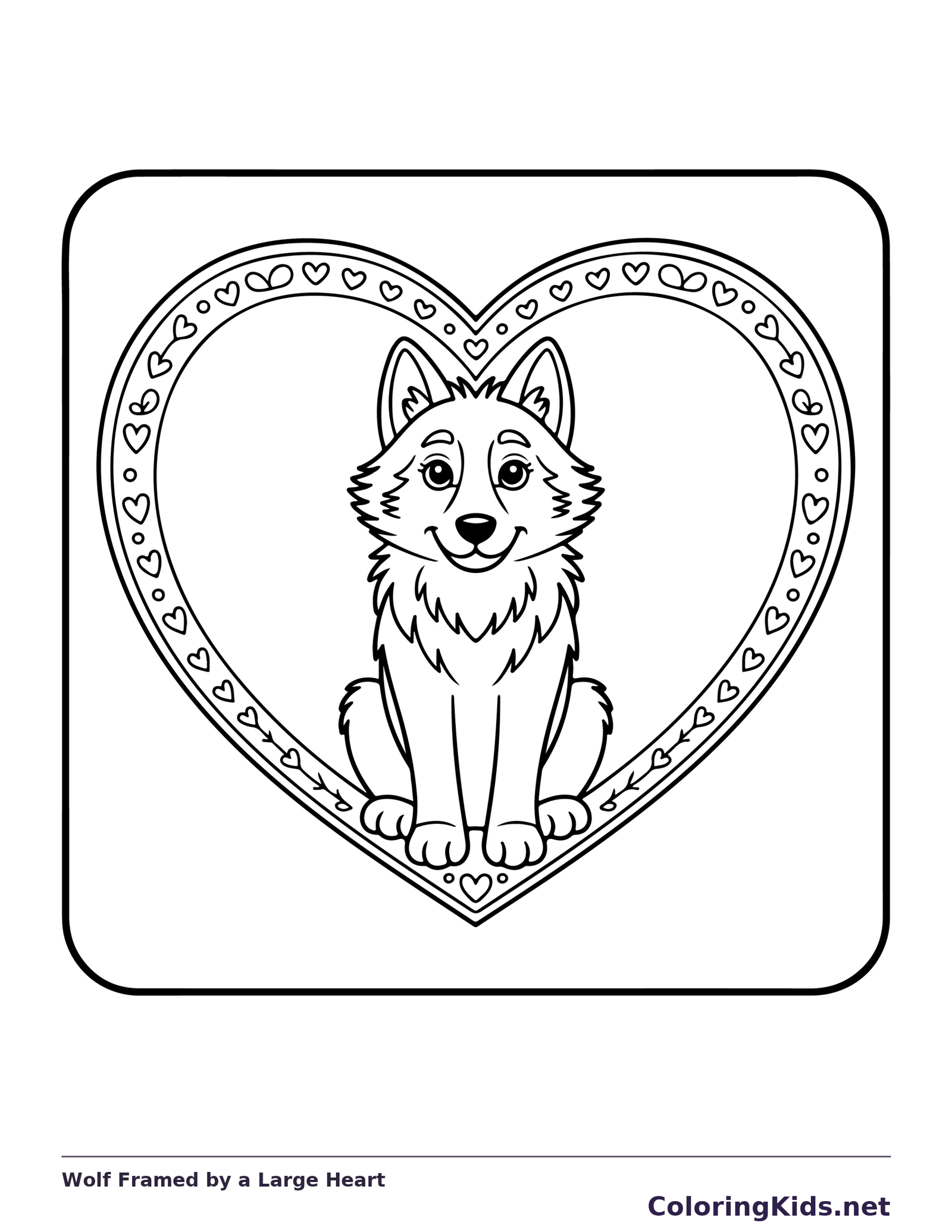 Black and white printable drawing of wolf framed by a large heart