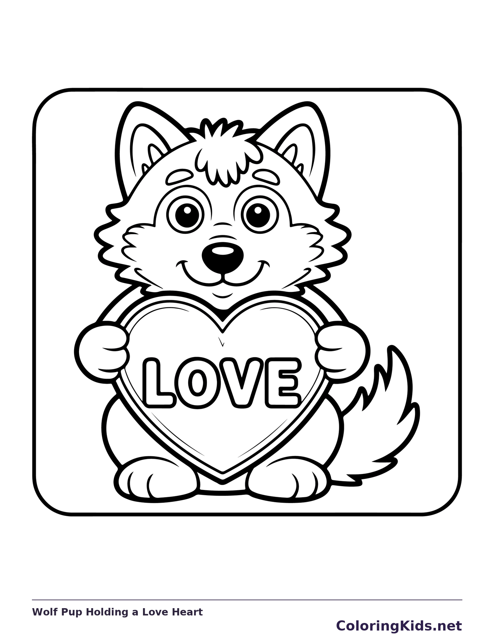 Black and white printable drawing of wolf pup holding a love heart