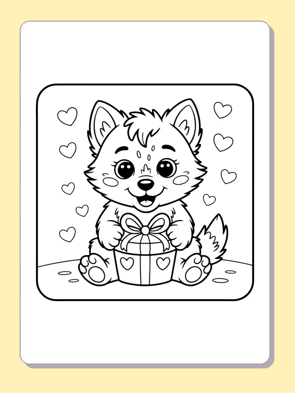 Black and white printable drawing of wolf pup holding a wrapped gift