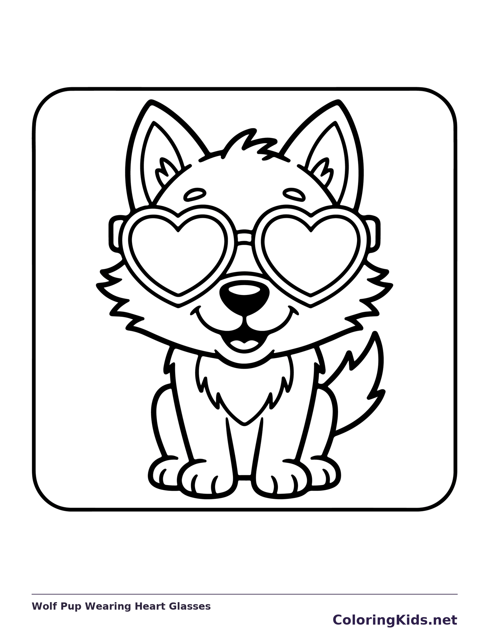 Black and white printable drawing of wolf pup wearing heart glasses