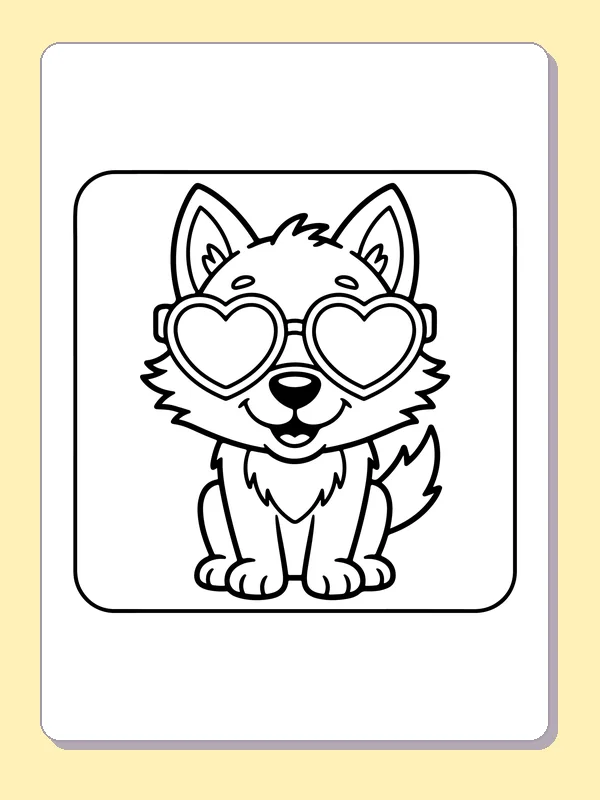Black and white printable drawing of wolf pup wearing heart glasses