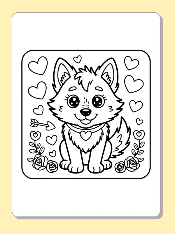 Black and white printable drawing of wolf pup with roses and hearts