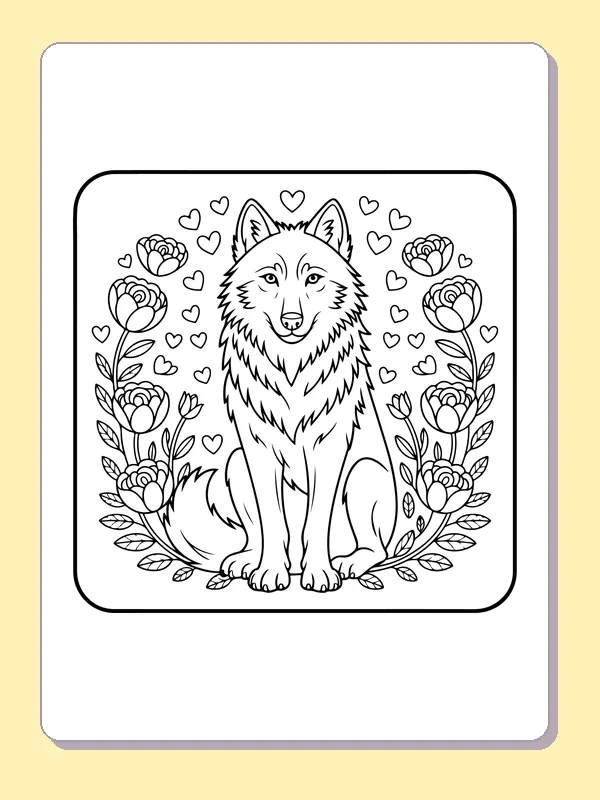 Black and white printable drawing of wolf sitting among roses and hearts