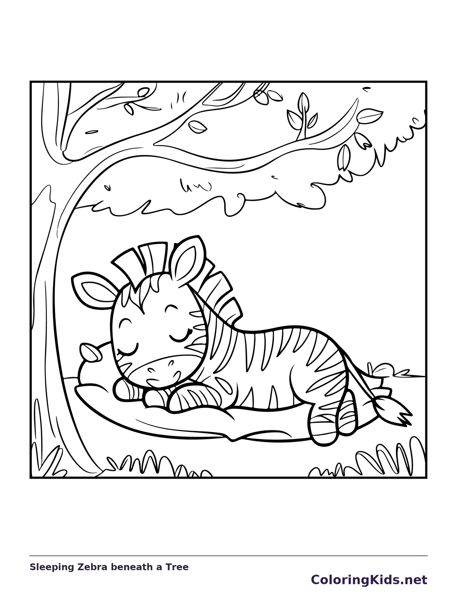 Sleeping zebra beneath tree branches, black-and-white line art