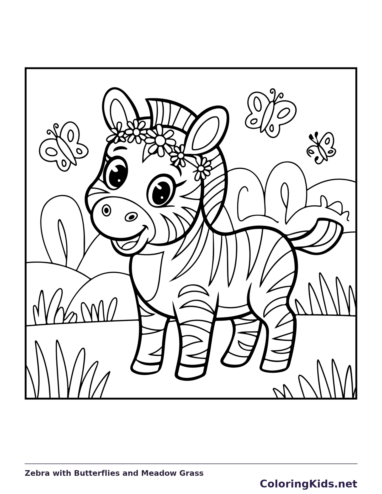 Standing zebra with butterflies and flower crown, black-and-white line art