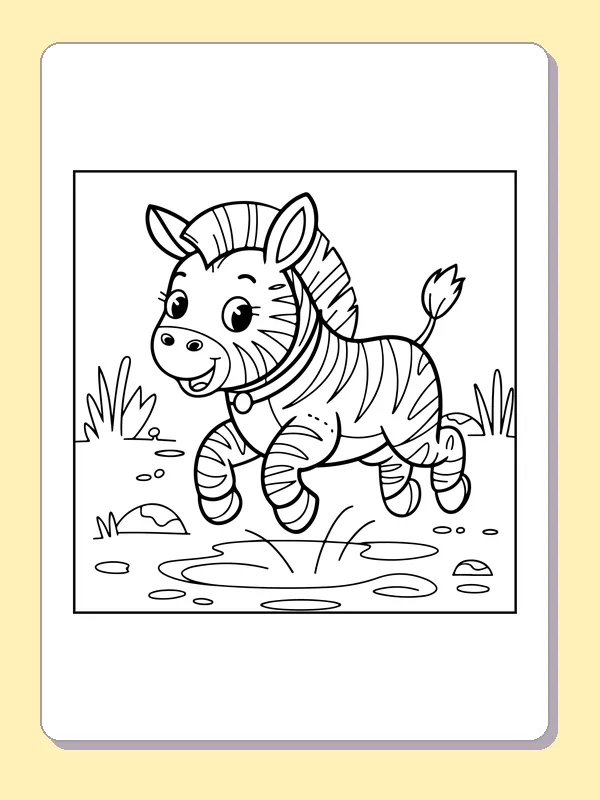 Zebra jumping across shallow stream, black-and-white line art