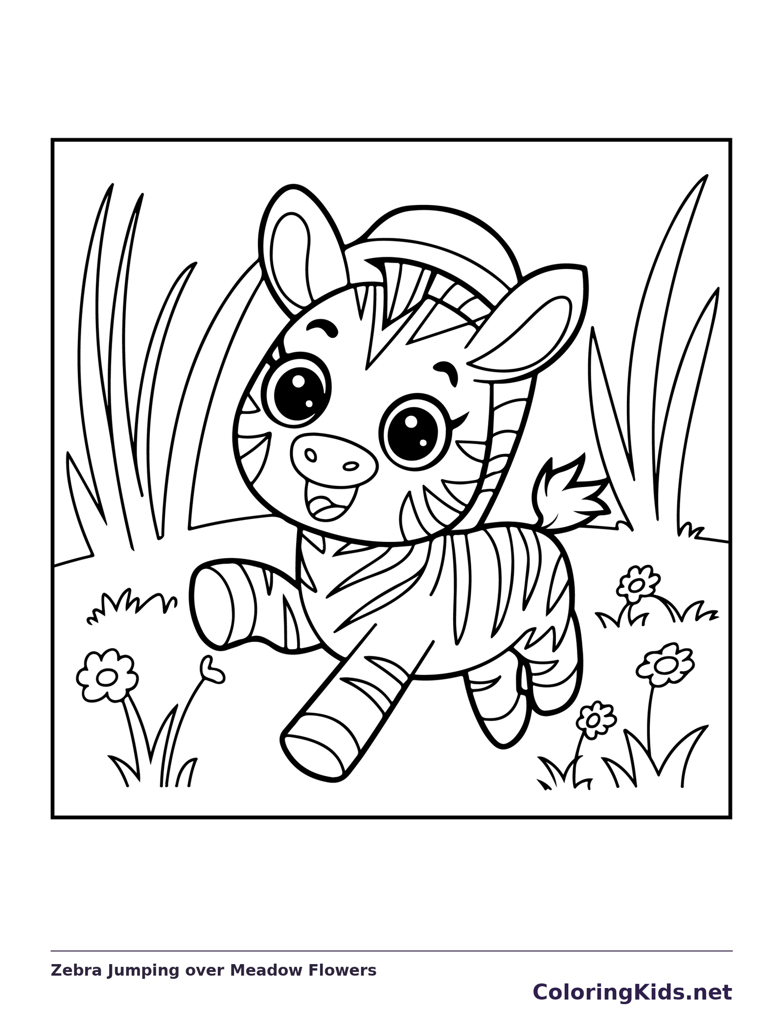 Zebra jumping over meadow flowers and grass, black-and-white line art