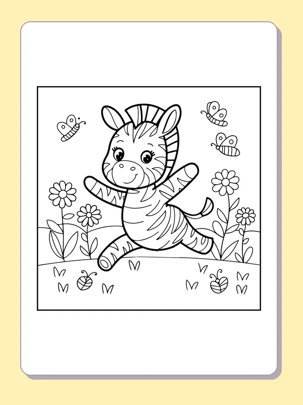 Zebra leaping among spring flowers and insects, black-and-white line art