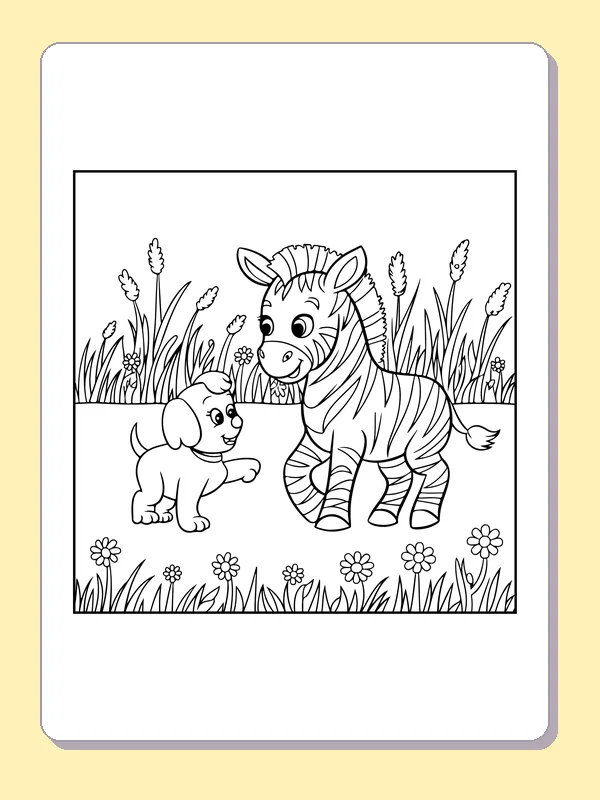 Zebra foal meeting little puppy among reeds and flowers, black-and-white line art