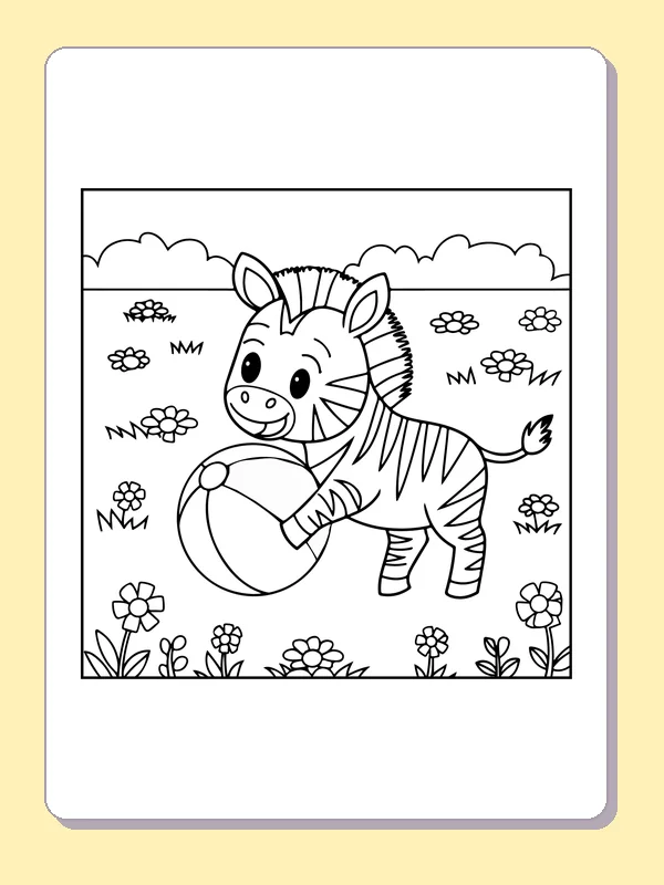 Zebra foal playing with striped beach ball among flowers, black-and-white line art