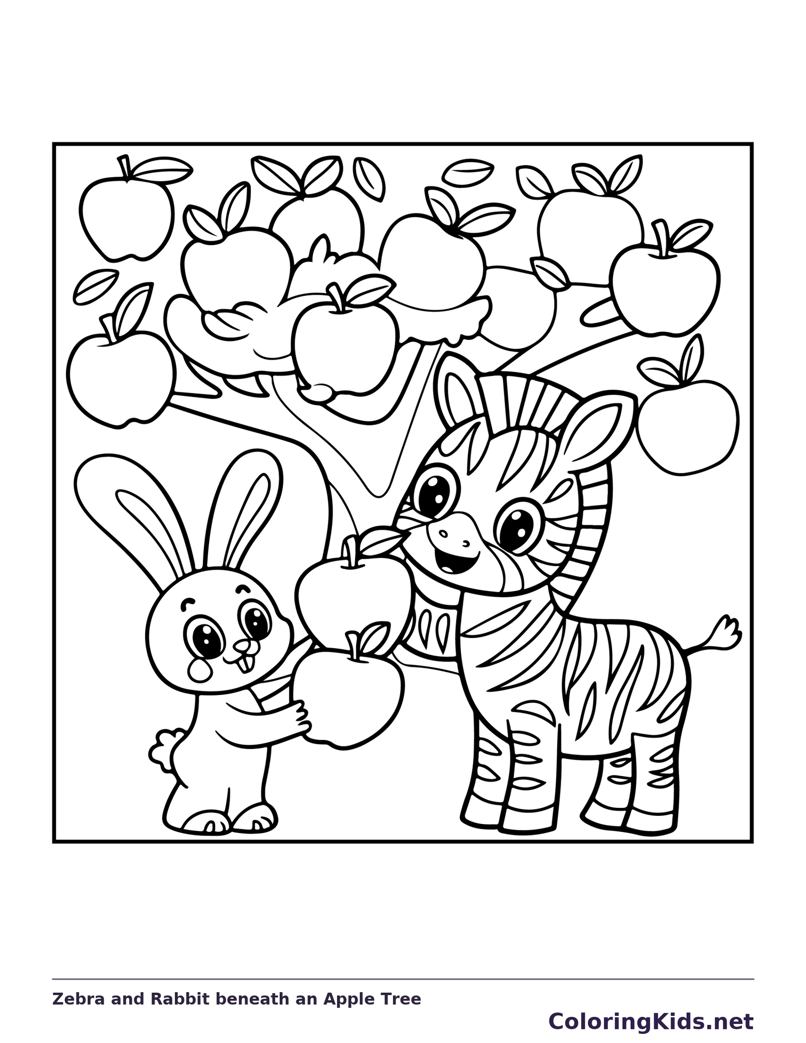 Zebra and rabbit holding apples under fruit-filled tree, black-and-white line art