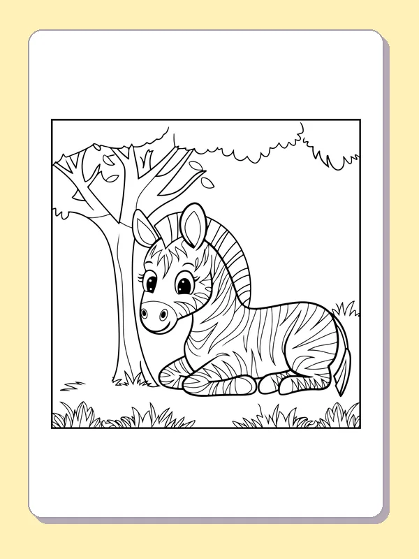 Zebra resting under leafy tree, black-and-white line art