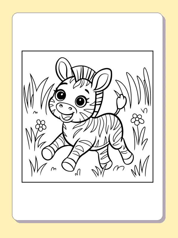 Zebra trotting through tall grass and flowers, black-and-white line art