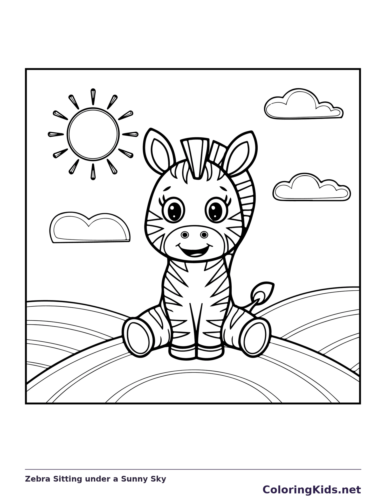 Seated zebra below sunny sky and clouds, black-and-white line art