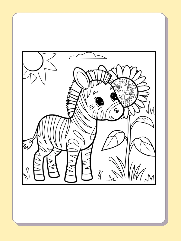 Zebra foal reaching toward sunflower beneath sun, black-and-white line art