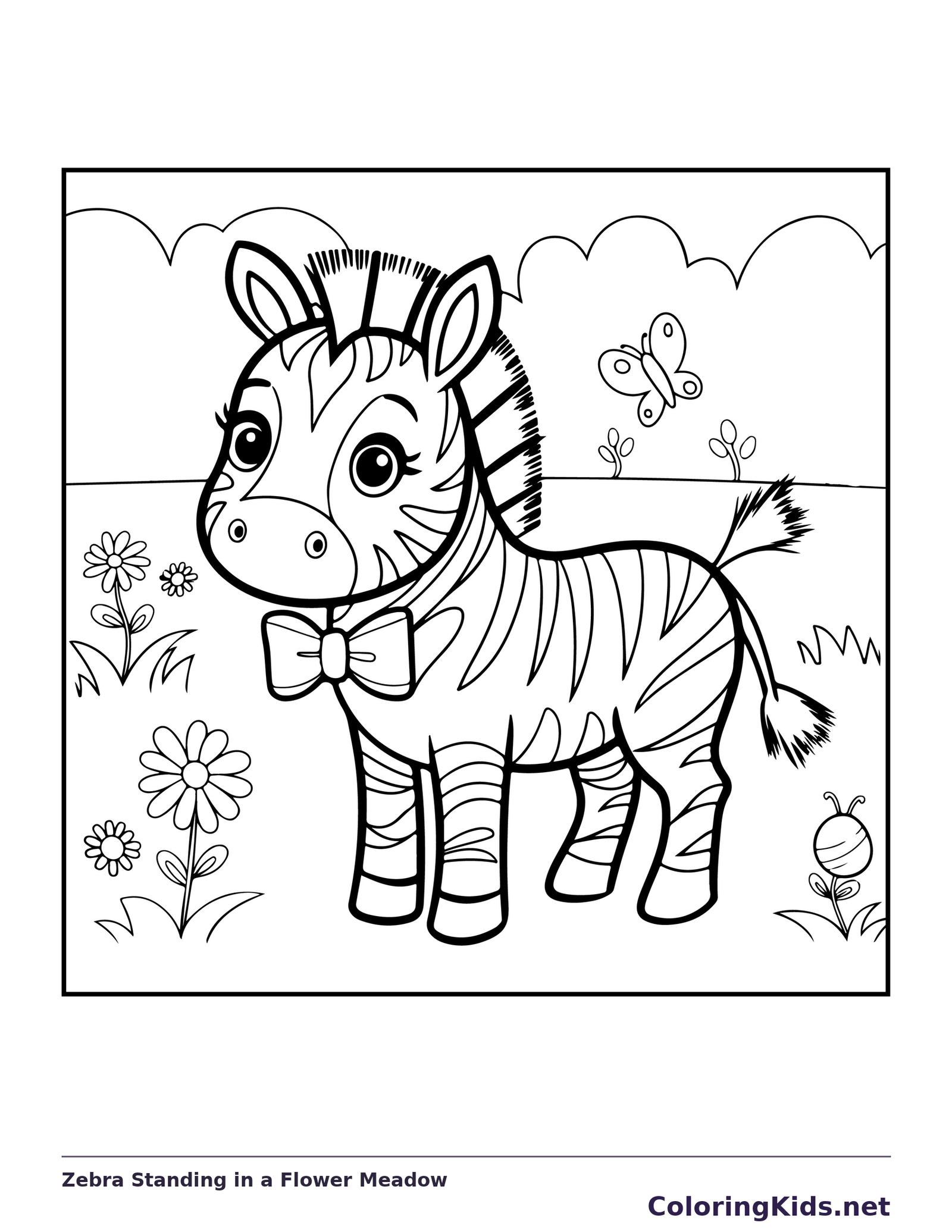 Standing zebra foal among flowers and butterfly, black-and-white line art
