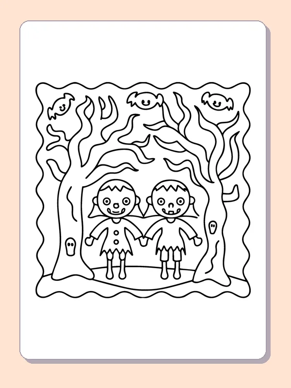 Two Zombies Beneath Ghostly Trees coloring page, black and white printable line art