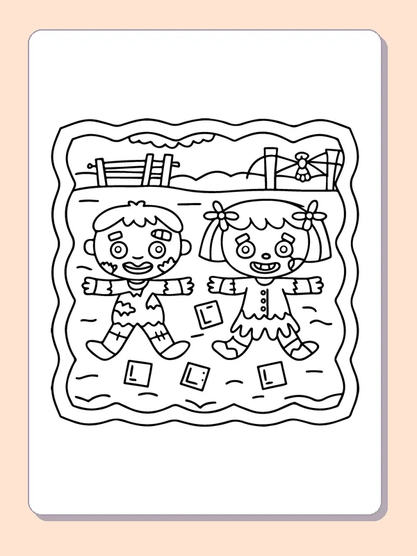 Two Zombies Crafting Together coloring page, black and white printable line art