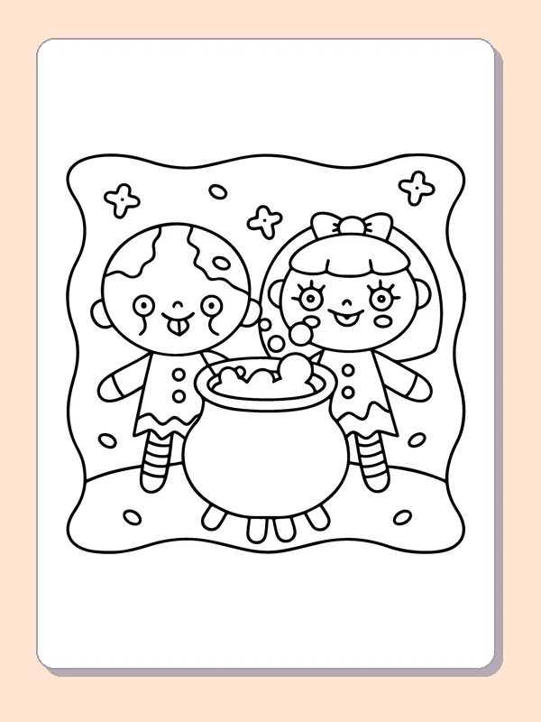 Two Zombies Stirring a Cauldron coloring page, black and white printable line art