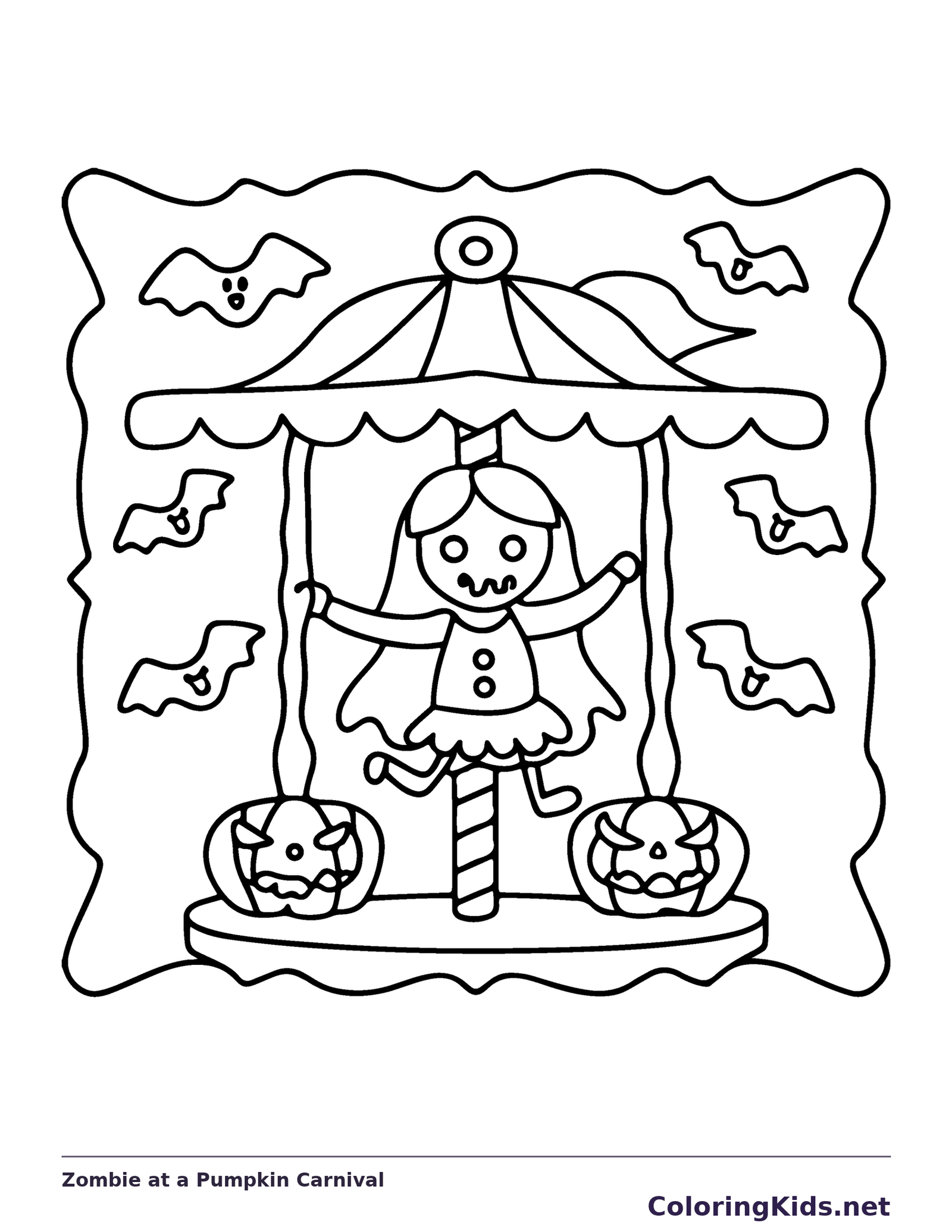 Zombie at a Pumpkin Carnival coloring page, black and white printable line art